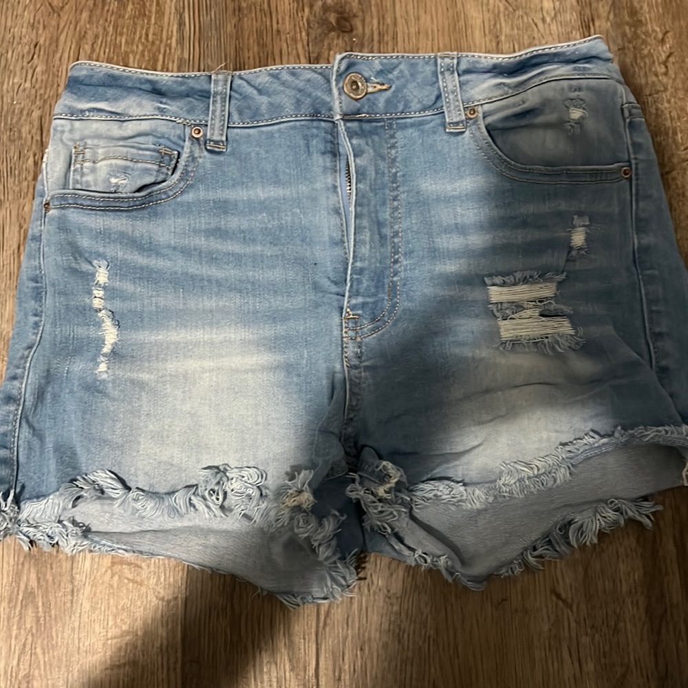 Light blue high waisted ripped jean shorts